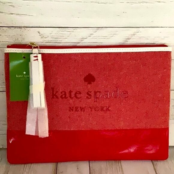 KATE SPADE NWT LARGE TASSEL POUCH BAG ASH ST LOGO HOT CHILI - Picture 2 of 5